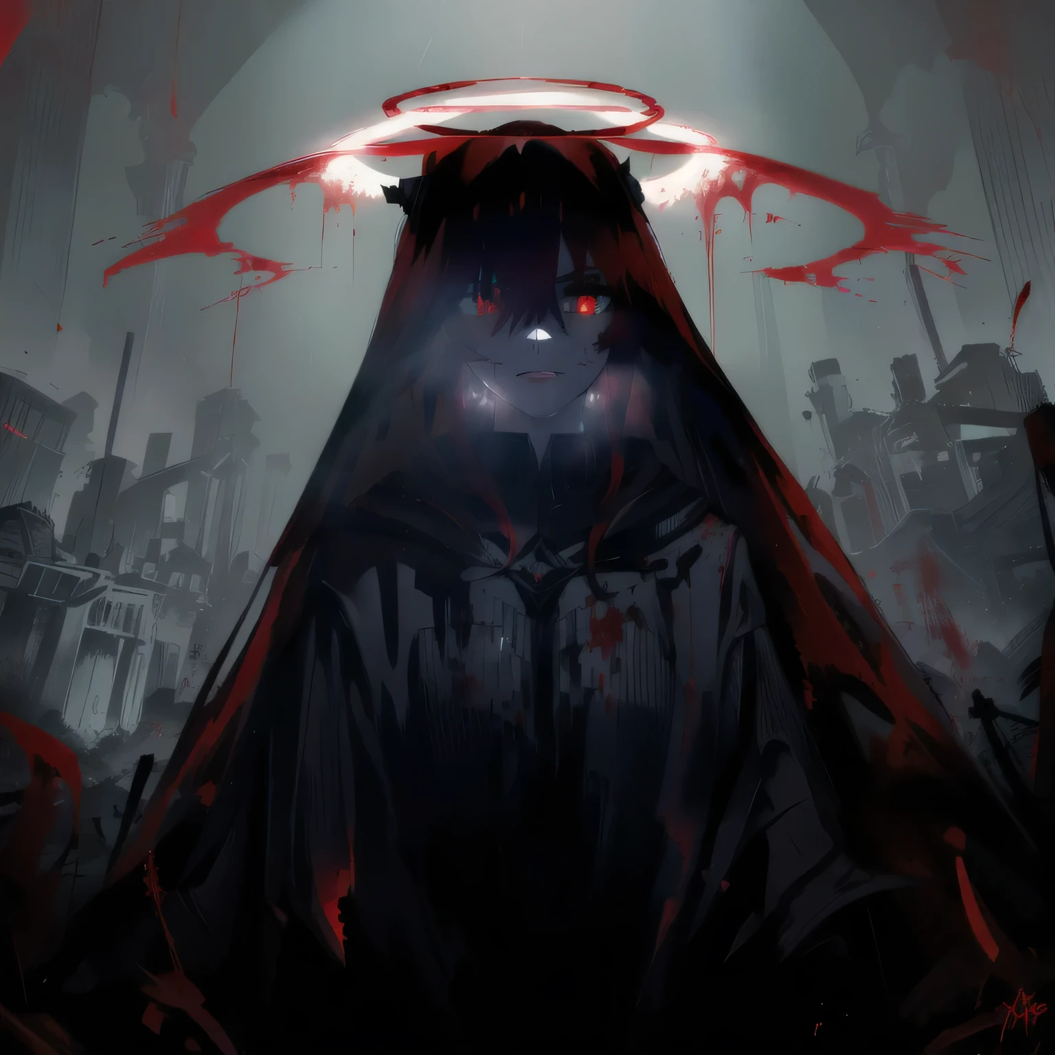 arafed image of a woman with a red cape and a halo, with red glowing eyes, with glowing red eyes, blood dripping from eyes, gapmoe yandere grimdark, red glowing eyes, fully red eyes, his eyes are bleeding intense, blood red eyes, with red eyes, his eyes are red and glowing, eyeless watcher, no face, sad face.