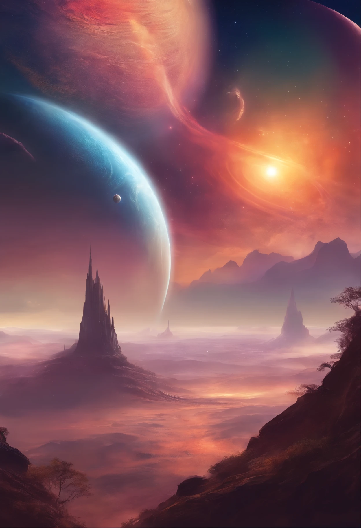 a cosmic landscape, two planets in the sky above a gas giant planet, a space flyer flying in the foreground, an inversion trail, a slight tilt of the horizon
