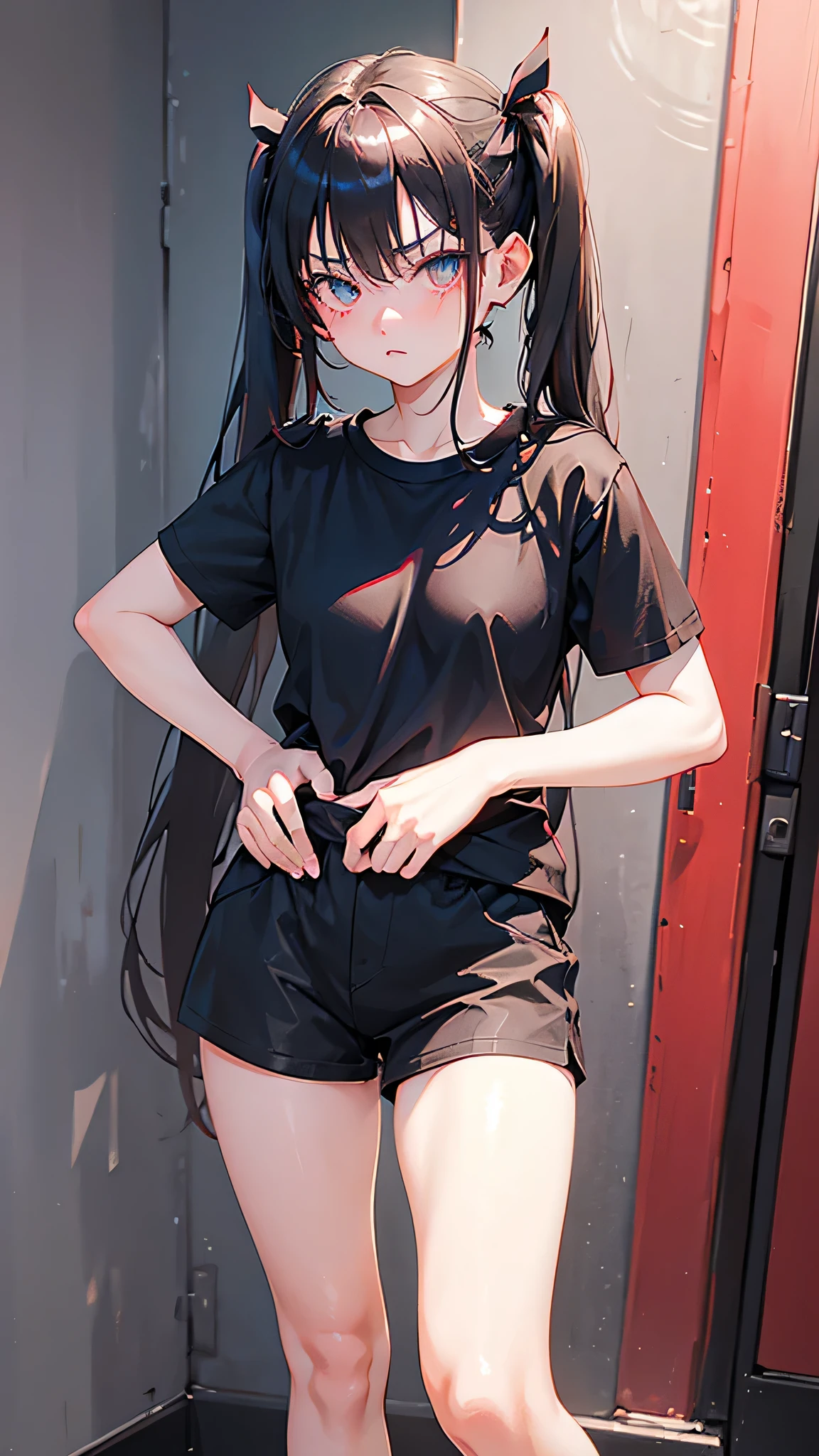 (Masterpiece, Masterpiece), anime girl with black twintails, detailed face, detailed eyes, red tight tshirt, short plaided black shirt, rin tosaka from fate stay night, rin tosaka, sexy, accurate, standing cutely