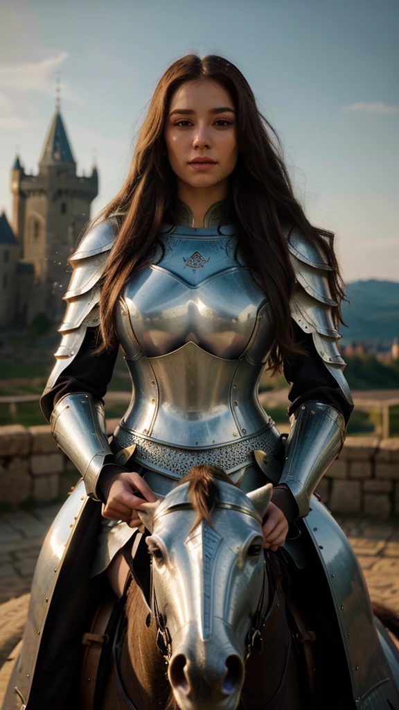 Woman with long brown hair, medieval knight