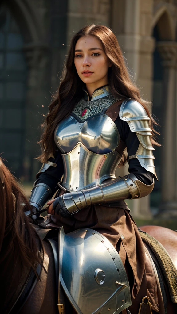 a medieval female knight, beautiful woman in medieval knight armor, perfect body, realistic, detailed portrait, intricate armor, riding a horse, medieval castle, dawn sky, dramatic lighting, warm tones, cinematic composition, (best quality,4k,8k,highres,masterpiece:1.2),ultra-detailed,(realistic,photorealistic,photo-realistic:1.37),detailed face, beautiful eyes, full lips, long lashes, flowing hair