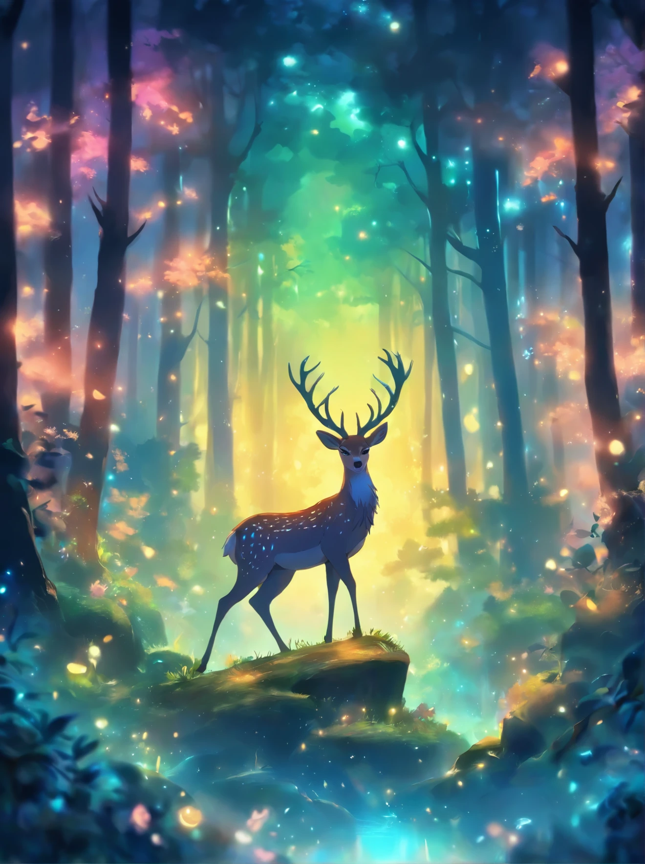 a painting of a deer in the woods with a crescent, a digital painting by Caroline Chariot-Dayez, Artstation, fantasy art, calm night. digital illustration, ✨🕌🌙, night in the forest, in the forest at night, in a forest at night, night forest, the moonlit dance of the fae, ori and the blind forest