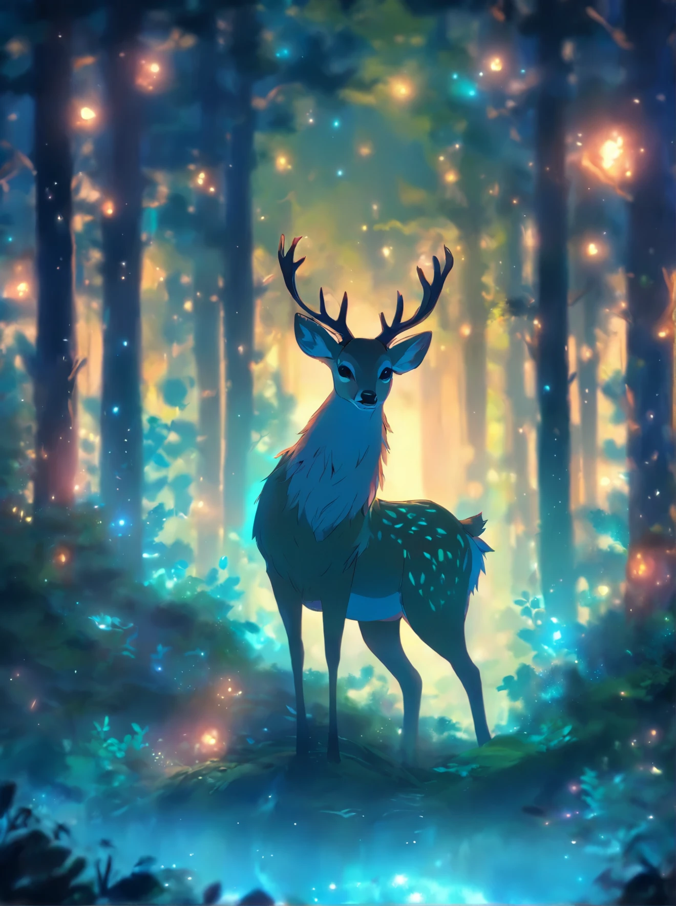 a painting of a deer in the woods with a crescent, a digital painting by Caroline Chariot-Dayez, Artstation, fantasy art, calm night. digital illustration, ✨🕌🌙, night in the forest, in the forest at night, in a forest at night, night forest, the moonlit dance of the fae, ori and the blind forest