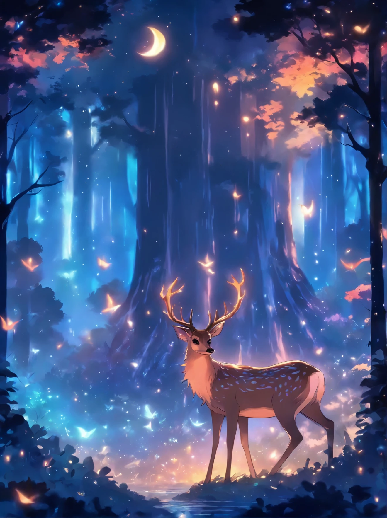 a painting of a deer in the woods with a crescent, calm night. digital illustration, ✨🕌🌙, night in the forest, in the forest at night, in a forest at night, night forest, the moonlit dance of the fae, ori and the blind forest, hollow knight concept art, moonlit forest environment, moonlit forest, forest spirit