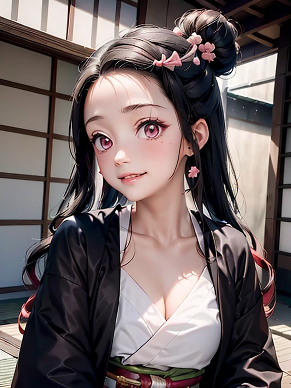 estilo kimetsu no yaiba, 1 chica, solo, sonrisa, Ojos rosados, pupilas blancas en forma de flores., pelo negro, hair pulled back into a bun, Sujetado con un perno,  kimono rosa, Obi Belt,  ((obra maestra)), ((retratos de un)), nevando, Deriva, cielo oscuro, Caen los copos de nieve