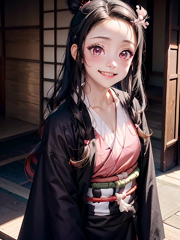 estilo kimetsu no yaiba, 1 chica, solo, sonrisa, Ojos rosados, pupilas blancas en forma de flores., pelo negro, hair pulled back into a bun, Sujetado con un perno,  kimono rosa, Obi Belt,  ((obra maestra)), ((retratos de un)), nevando, Deriva, cielo oscuro, Caen los copos de nieve