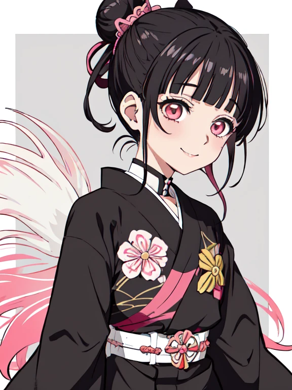 estilo kimetsu no yaiba, 1 chica, solo, sonrisa, Ojos rosados, pupilas blancas en forma de flores., pelo negro, hair pulled back into a bun, Sujetado con un perno, kimono rosa, Obi Belt, ((obra maestra)), ((retratos de un)), nevando, Deriva, cielo oscuro, Caen los copos de nieve