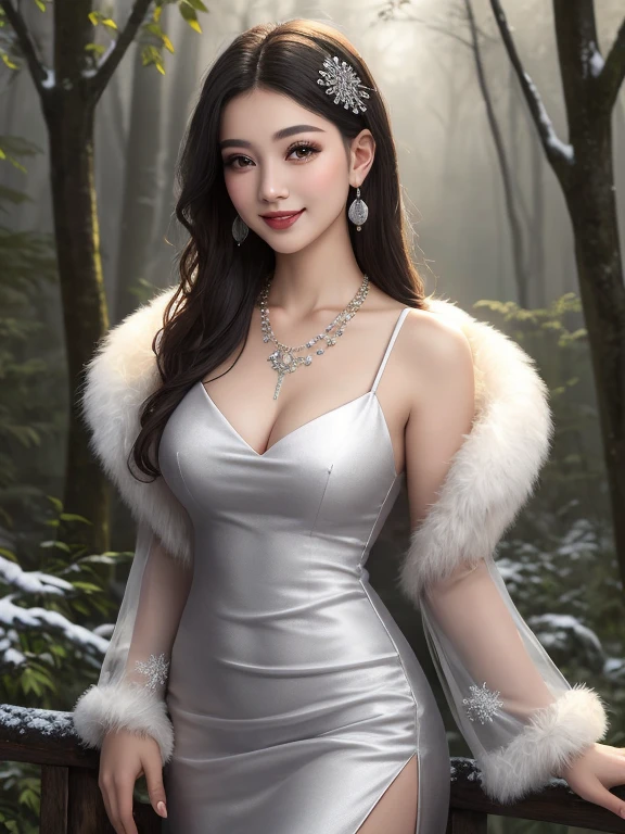 best quality，8K， masterpiece， high resolution， 1 Girl， Transparent silk porcelain dress， Fur coat， Hair accessories， Smile， Shut up， Open lips，Large Breasts，Shoulder， Shift Dress， Hair accessories， Necklace， Jewel-like， Chinese clothing， Long gray hair， ear nipple ring， Detailed beautiful eyes， Detailed eyelashes， pretty face，After sex determination_Body，Thin and long legs， Tyndall effect，realistically， Edge lighting， Two-tone lighting，（High Detail Skin：1.2）， 8K, Ultra high quality， Digital SLR Camera， Soft lighting， high quality， Volumetric Lighting， frank， Photolysis， high resolution， Bokeh， In a forest， falling snowflakes， Winters， Good afternoon