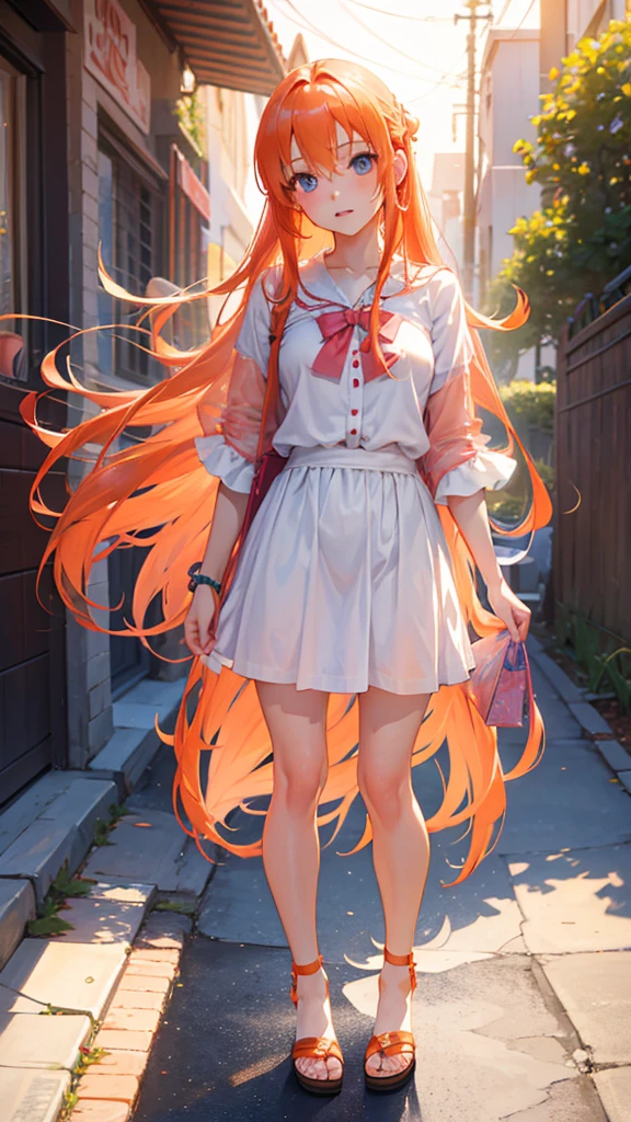 (Masterpiece, Masterpiece), anime girl with long orange hair, detailed face, detailed eyes, cute date outfit, yuuki asuna from sword art online, yuuki asuna, sexy, accurate, standing cutely, innocent face
