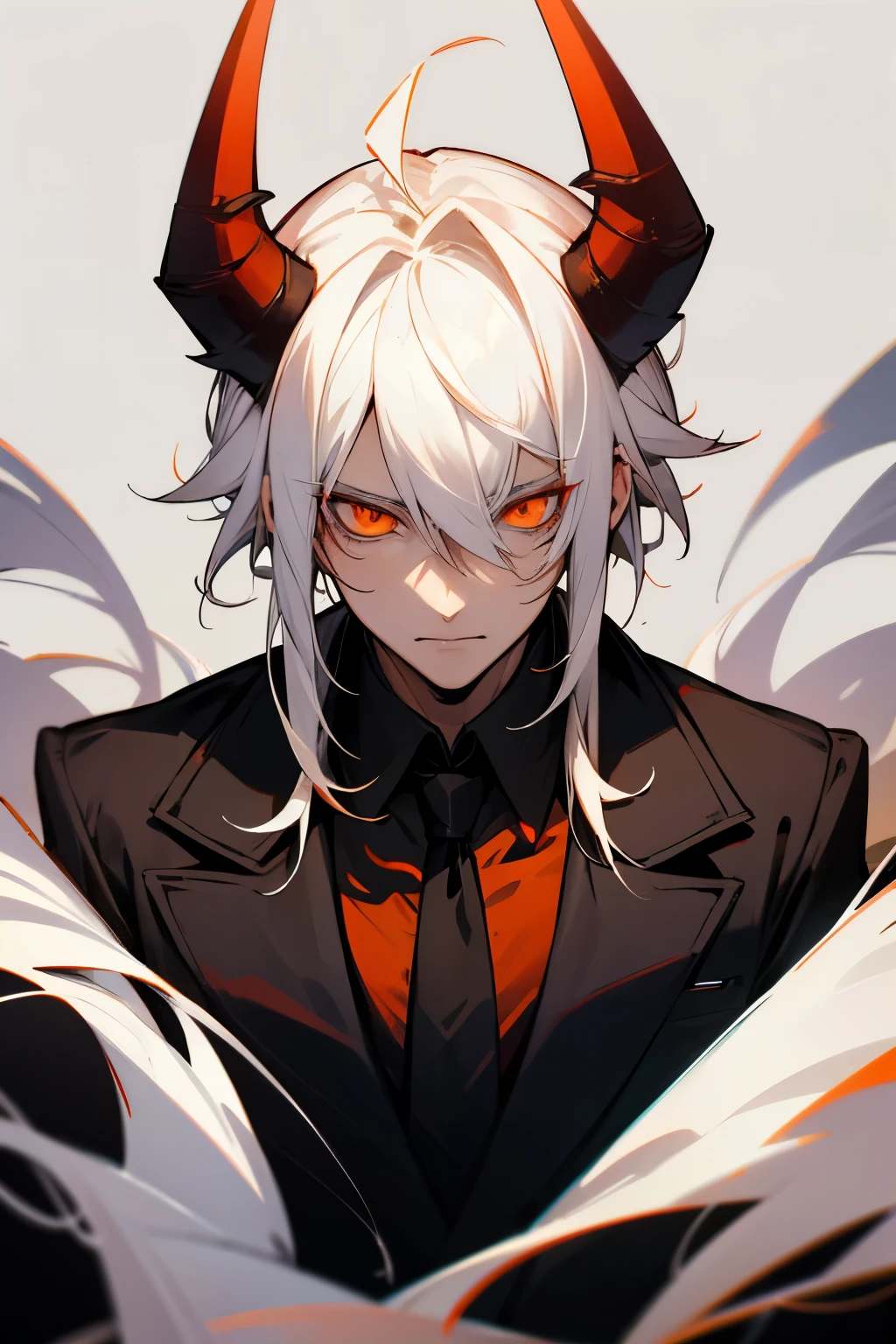 Handsome demon man, orange eyes, white hair, black horns.