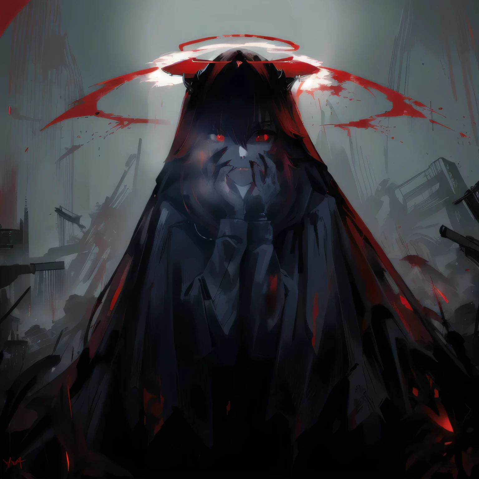 arafed image of a woman with a red cape and a halo, with red glowing eyes, with glowing red eyes, blood dripping from eyes, gapmoe yandere grimdark, red glowing eyes, fully red eyes, his eyes are bleeding intense, blood red eyes, with red eyes, his eyes are red and glowing, eyeless watcher, no face, sad face.