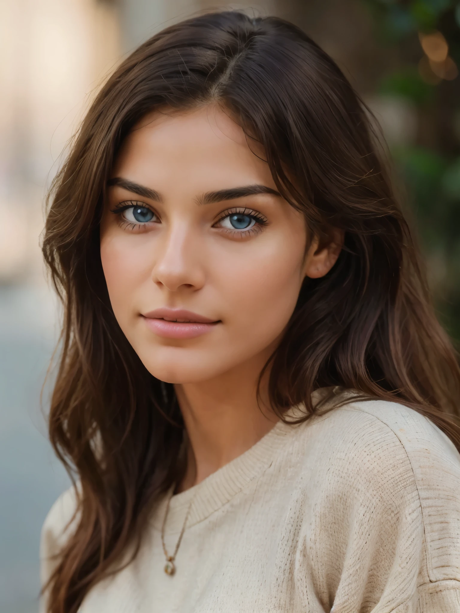 beautiful brunette arabic wearing light beige sweater, very detailed, 21 years old, innocent face, natural wavy hair, blue eyes, high resolution, masterpiece, best quality, intricate details, highly detailed, sharp focus, detailed skin, realistic skin texture, texture, detailed eyes, professional, 4k, charming smile, shot on Canon, 85mm, shallow depth of field, kodak vision color, perfect fit body, extremely detailed, foto_\(ultra\), photorealistic, realistic, post-processing, maximum detail, roughness, real life, ultra realistic, photorealism, photography, 8k uhd, photography