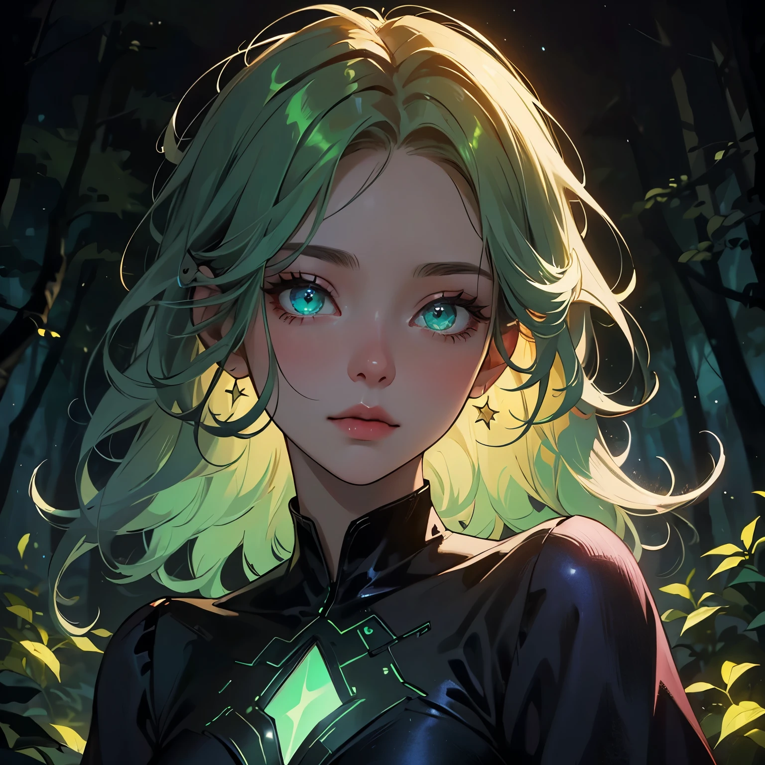 1girl, portrait, ((masterpiece)), artistic, glowing green, hair glowing, eyes glowing, straight volumed hair, detailed eyes, forest background, shiny, glowing star detailes on night blue dress
, it's dark but she is beautifully glowing, aura