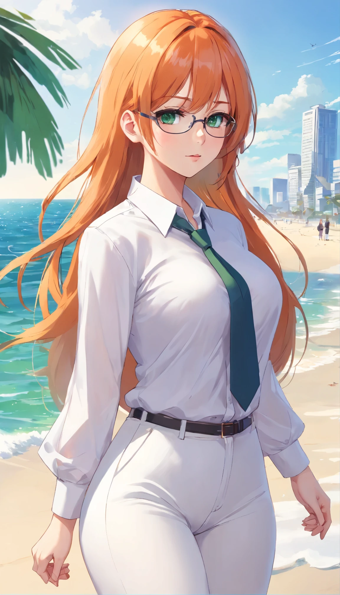 (masterpiece, Best quality), 8K, ultra detailed, realistic photo, Detailed face, perfect lighting, green eyes, bright orange hair, bright hair, fox ears, nice legs, side photo, beautiful, Cute, skin pores, 1 girl, perfect shirt, fully dressed, beautiful women 30 years old, Beautiful proportions, Russian woman, Caucasian, European, Business lady, stunningly beautiful woman, mother, thick legs, show ass, big breasts, (Thin white shirt:1.4), thick, hot, (White Office Wear:1.4), tight pants, (wide hips:1.2), thick, (white Office pants:1.3), spread your legs, Legs open, full length, wide hips, Glasses, with long orange hair, standing on the beach near the ocean, green eyes detailed digital anime art, cat ear, anime girl with long hair, гладкое аниме cg art, anime girl with long hair, digital anime art, work in Guweiz style, Beautiful anime portrait, Photorealistic render of an anime girl, pantyhose, Beautiful anime girl, advanced digital anime art, guweiz на artstation pixiv HD UHD HQ