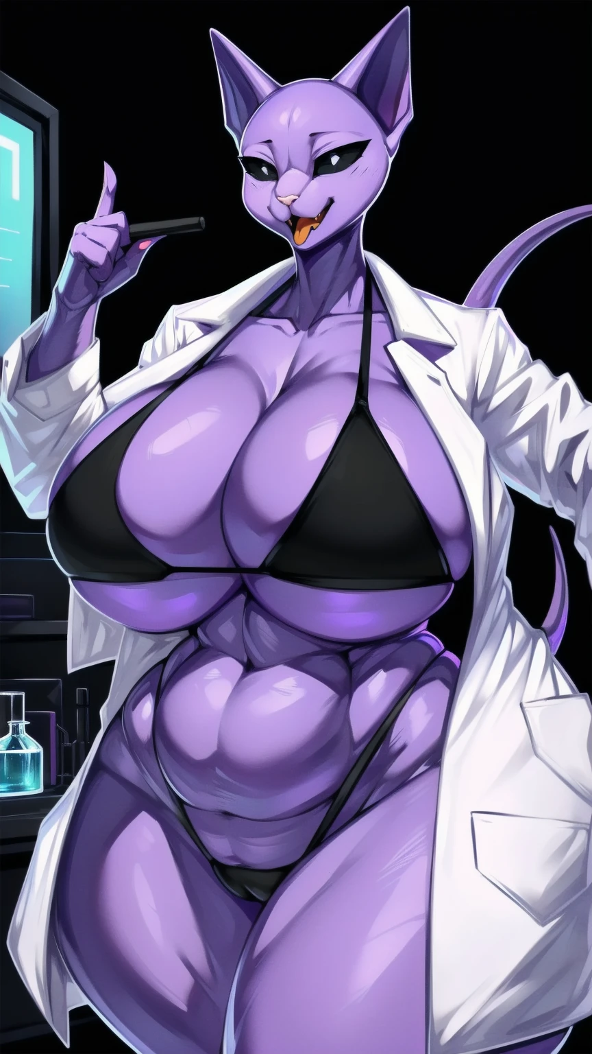 ((made by zackary911:1 art style)), ((adorable and cute cat face)), (color her skin and face purple:1), focus on the furry cat, ((tall female body and imposing)), ((superiority and perfect body)), ((face of a bald cat dressed only in a white scientist's laboratory coat that is open in half and she has a black microbikini:1 )), ((no hair anywhere on her body, no skin, total baldness, baldness:1)), masterpiece, Best quality, purple body and face color, a hairy and feminine woman is a cute cat with purple skin, orange cat tongue, no hair anywhere on her body, pink cat nose, big thighs, big tits, and big natural breasts.  , ((Hourglass Figure)), (1.4), huge, thick, thick body, huge sexy woman, perfect body, big breasts, big ass, perfect body, masterpiece, best quality, full figure, SEXY body voluptuous, soft.  Perfect, athletic body, big oval eyes with black sclera and white pupils, orange tongue ((purple inside her cat ears)), light pink cat nose, black and white eyes, ((long dark purple tail), ( (completely smooth face)), ((purple female sphinx cat face)), ((sphynx cat head)), orange cat tongue, adorable face, ((Cute face)), voluptuous cat woman, ((white coat of scientific laboratory that completely covers her body in a black microbikini)), furry cat with happy face expression, Venus Perfect body, ((only 2 normal purple cat ears, no hair on the head:1)), completely, high quality, handiwork teacher, adorable and sexy, Beautiful adorable Perfect body, violet color of body and face, big black eyes with white iris, cat mouth, cat teeth, bald body, on a romantic date, ((made by zackary911 art style: 1)