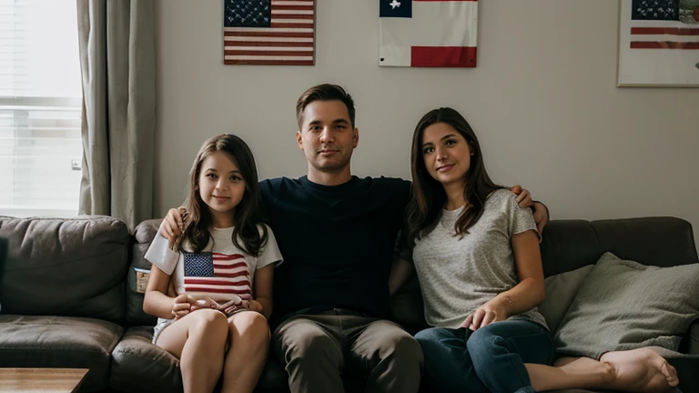 family behind the sofa and the USA flag on the wall