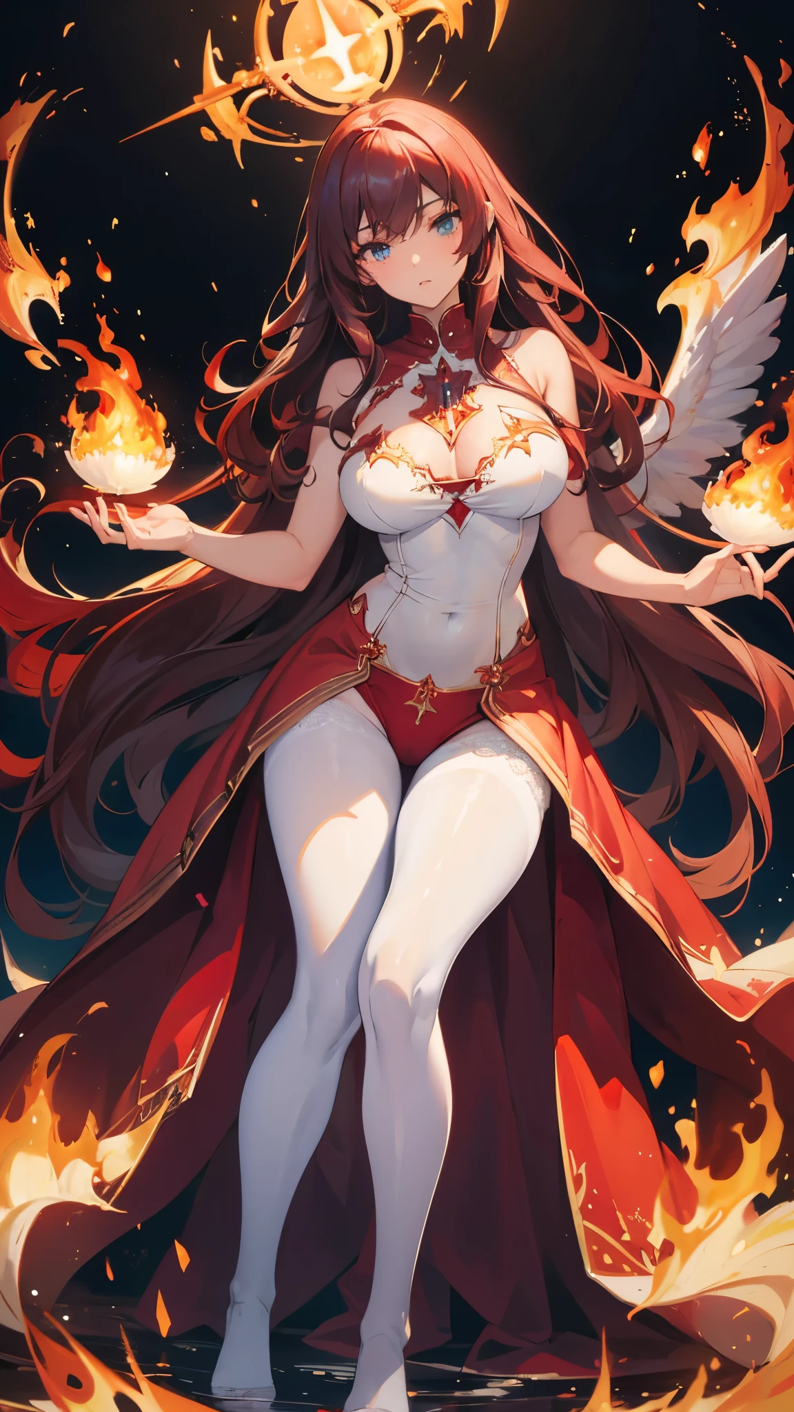 ((masterpiece, best quality)), Detailed face,Mage,whole body,Perfect body proportions,Large Breasts,Long legs,red,Long wavy hair,beautiful eyes,Fantasy style,extremely beautiful,Pure white background,Surrounded by flames,Holy Light,crystal,transparent,Sex bikini,Lace,Pantyhose,exposed,Star decoration