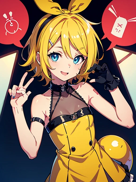 Rin Kagamine, Vocaloid, rubio、Blue Eyes、chica、small breasts、colas gemelas、chica、small breasts、lolita、sonrisa brillante、He appears to be about ..、Petan Musume、he is short、Eye destacar、Muslos sexys、Idol、cantar con un microfono、Disfraces basados en minas、Tus ojos son tan hermosos、destacar