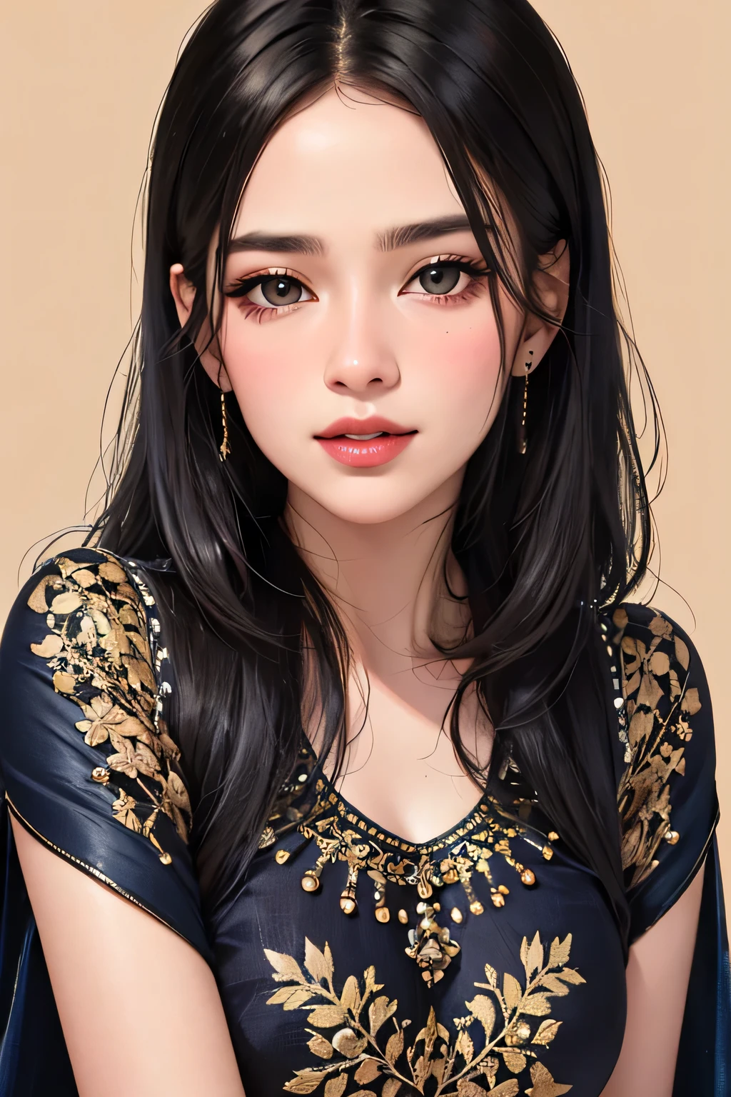 (best quality,4k,8k,highres,masterpiece:1.2),ultra-detailed,(realistic,photorealistic,photo-realistic:1.37),portrait,sexy woman,long straight black hair,detailed eyes,detailed lips,beautiful face,navy blue saree,silver embroidery,seductively gazing,smiling,blushing intensely,perfect body,hot body,vivid colors,studio lighting