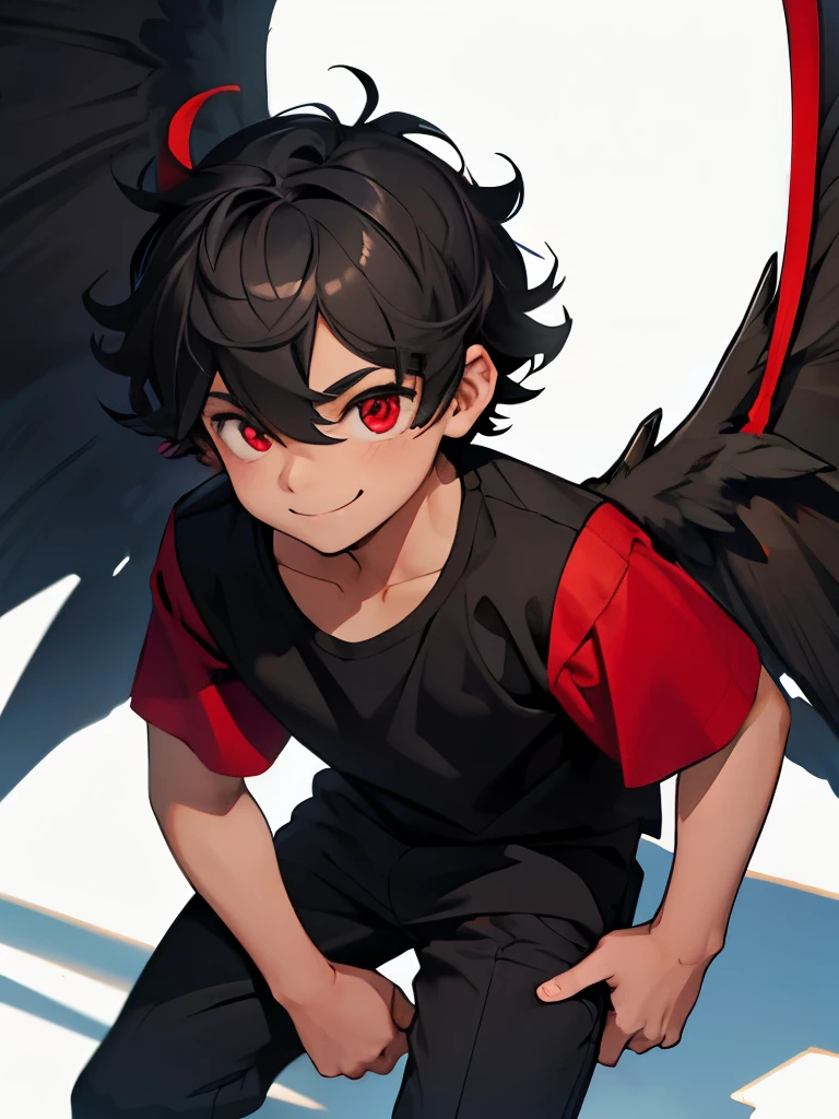 4ars old young boy, gray short curly hair, red eyes, mischievous smile, black shirt, black pants, fair skin, wings