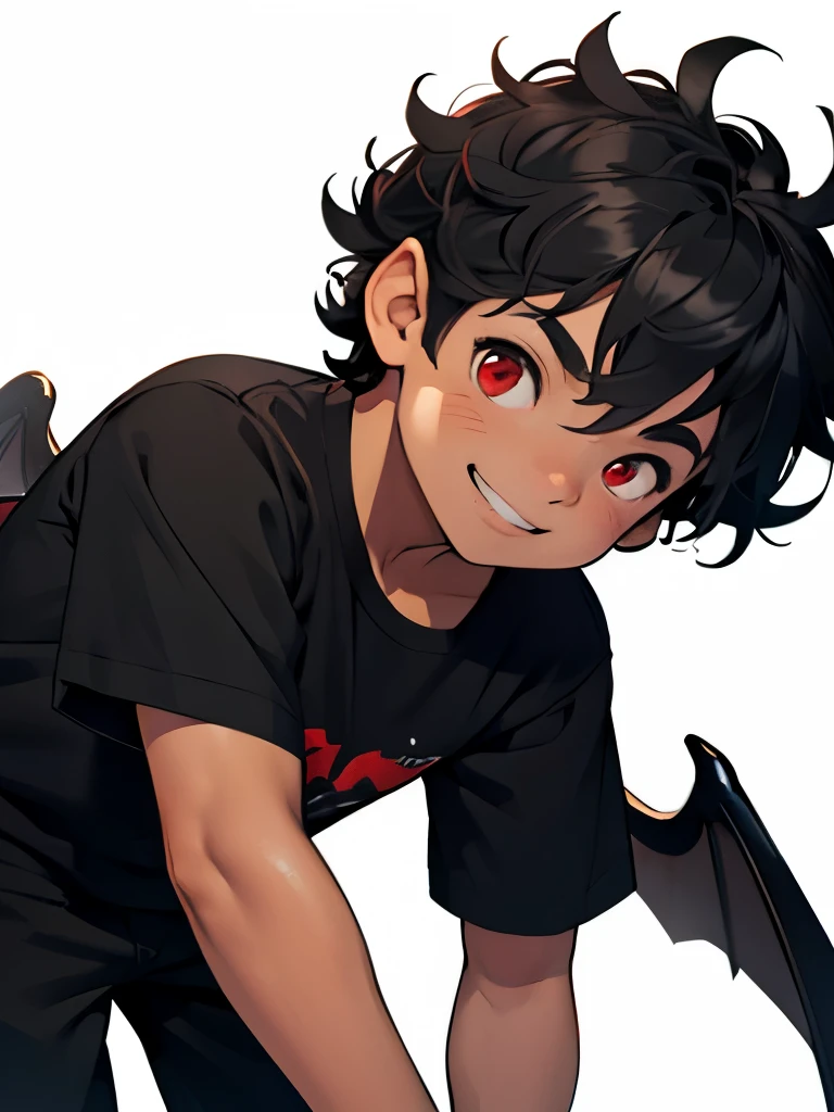 4years old young boy, gray short curly hair, red eyes, mischievous smile, black shirt, black pants, fair skin, wings