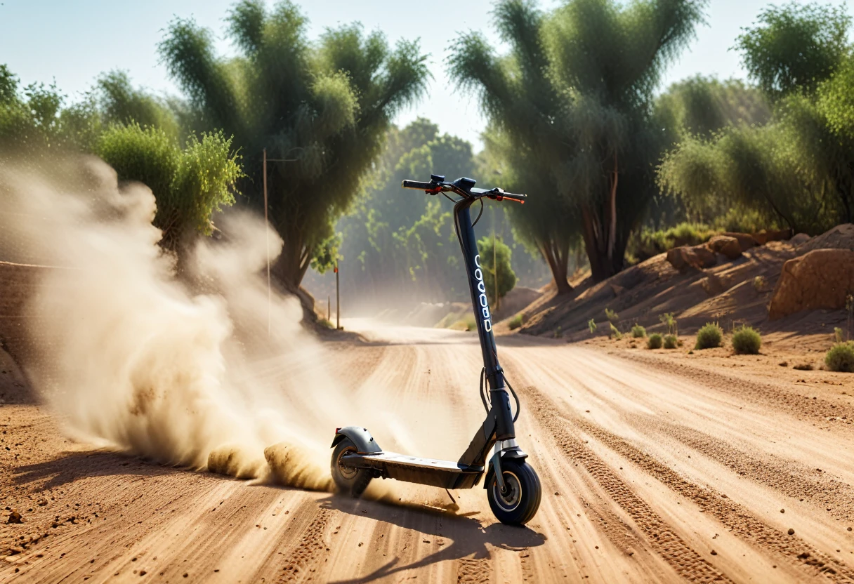 on the dirt road with dust flying around , C4D rendering in the style of OctaStay, electric scooter advertisement, with shot from behind angle, natural light, depth of field effect, high resolution photography, advertising-inspired photo for campaign, dynamic composition