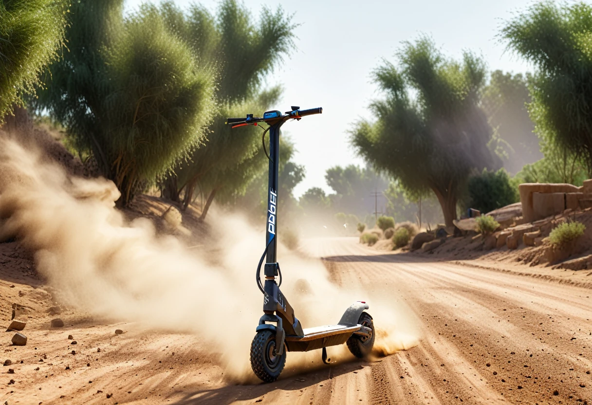 on the dirt road with dust flying around , C4D rendering in the style of OctaStay, electric scooter advertisement, with shot from behind angle, natural light, depth of field effect, high resolution photography, advertising-inspired photo for campaign, dynamic composition