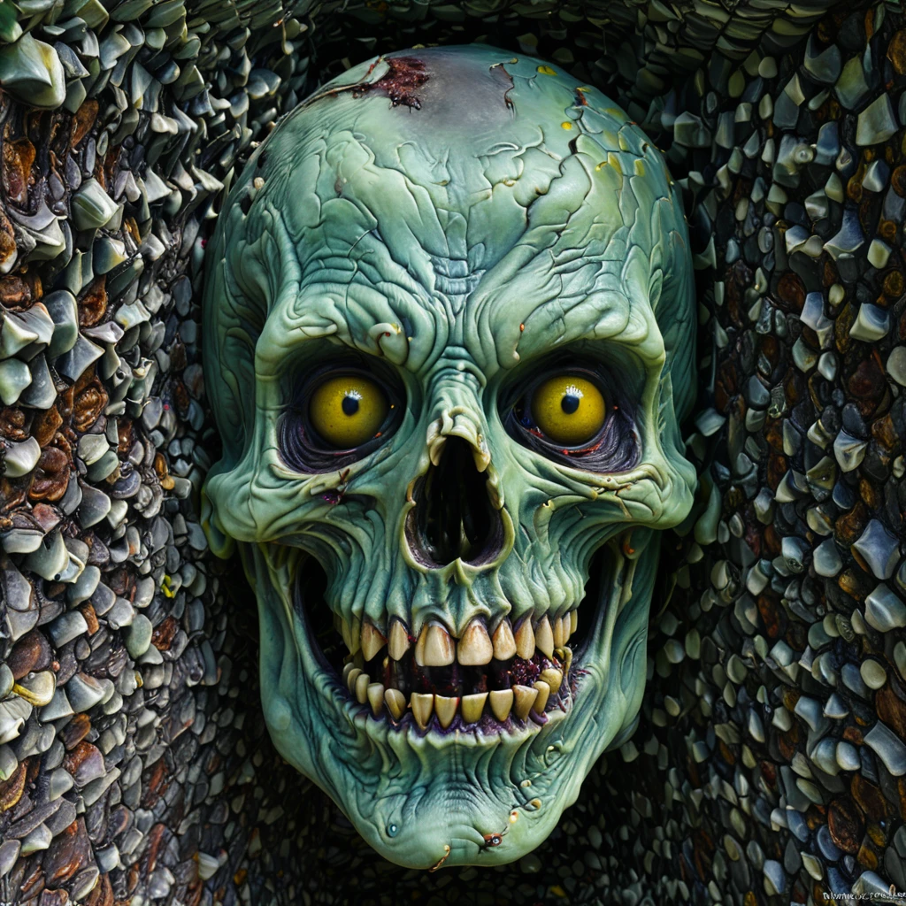 Create a stereogram that, when viewed correctly, reveals a hidden 3D image of a zombie face. Use a complex and engaging pattern filled with dark, eerie colors and textures that blend seamlessly together. The hidden zombie face should be detailed and menacing, with features such as decayed skin, hollow eyes, and sharp teeth. Ensure the overall design is haunting and captivating, enticing viewers to uncover the hidden image within.