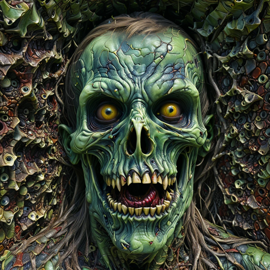 Create a stereogram that, when viewed correctly, reveals a hidden 3D image of a zombie face. Use a complex and engaging pattern filled with dark, eerie colors and textures that blend seamlessly together. The hidden zombie face should be detailed and menacing, with features such as decayed skin, hollow eyes, and sharp teeth. Ensure the overall design is haunting and captivating, enticing viewers to uncover the hidden image within.