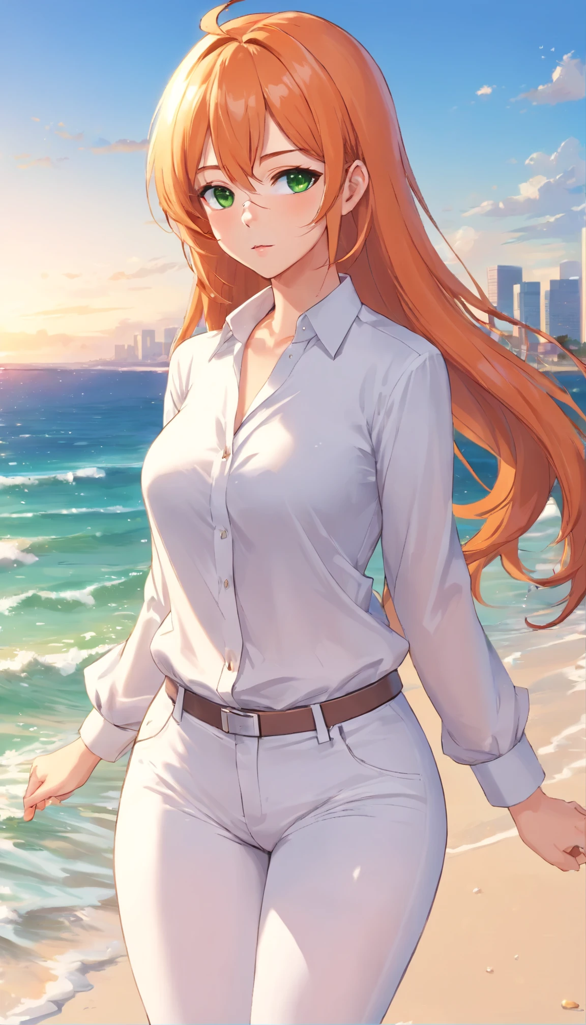 (masterpiece, Best quality), 8K, ultra detailed, realistic photo, Detailed face, perfect lighting, green eyes, bright orange hair, bright hair, fox ears, nice legs, side photo, beautiful, Cute, skin pores, 1 girl, perfect shirt, fully dressed, beautiful women 30 years old, Beautiful proportions, Russian woman, Caucasian, European, Business lady, stunningly beautiful woman, mother, thick legs, show ass, big breasts, (Thin white shirt:1.4), thick, hot, (White Office Wear:1.4), tight pants, (wide hips:1.2), thick, (white Office pants:1.3), spread your legs, Legs open, full length, wide hips, Glasses, with long orange hair, standing on the beach near the ocean, green eyes detailed digital anime art, cat ear, anime girl with long hair, гладкое аниме cg art, anime girl with long hair, digital anime art, work in Guweiz style, Beautiful anime portrait, Photorealistic render of an anime girl, pantyhose, Beautiful anime girl, advanced digital anime art, guweiz на artstation pixiv HD UHD HQ