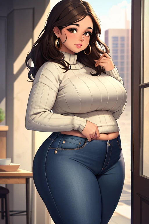 (masterpiece), (best quality), (detailed), (high res), chubby latina girl, tortita, curvy body, bell bottom jeans, , slightly chubby, gracious face, sweater