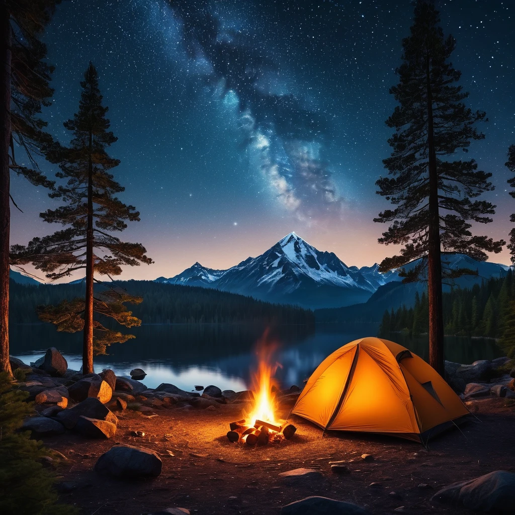 a serene outdoor camping scene, 1 person camping in a forest, tent, campfire, pine trees, starry night sky, mountains in the distance, detailed landscape, warm lighting, photorealistic, cinematic, dramatic, (best quality,4k,8k,highres,masterpiece:1.2),ultra-detailed,(realistic,photorealistic,photo-realistic:1.37),landscape