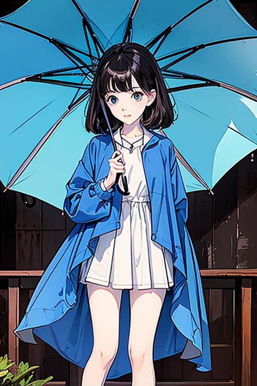 high quality、masterpiece、High sensitivity、One Woman、Wet day、umbrella、Raincoat、Thin thighs、
