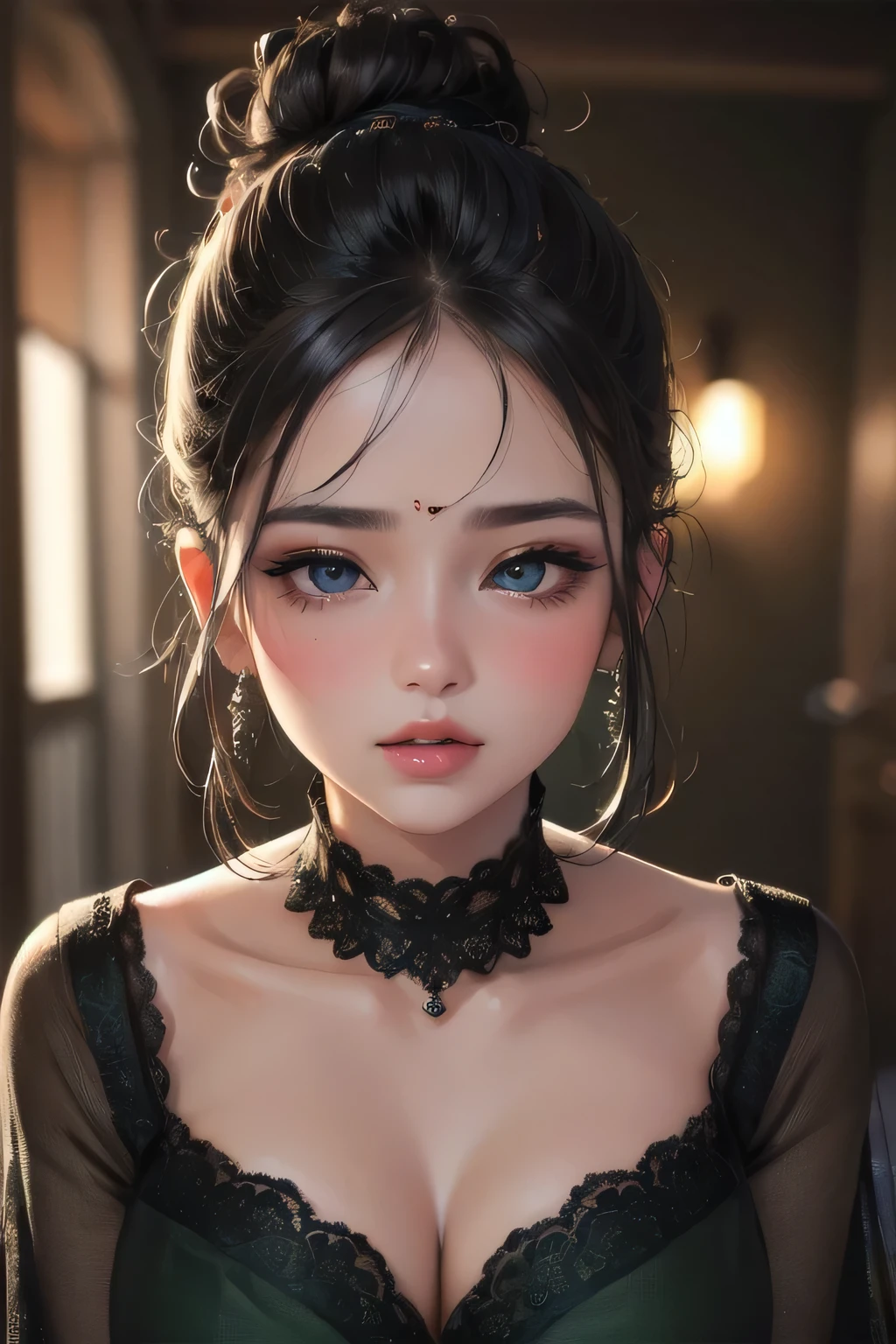 (best quality, highres, ultra-detailed), beautiful detailed eyes, perfect lips, sexy, amazing portrait, messy bun, black hair, amazing makeup, intense blush, flustered, lustful, black blouse, sheer dark green saree, hot, vibrant colors, soft lighting