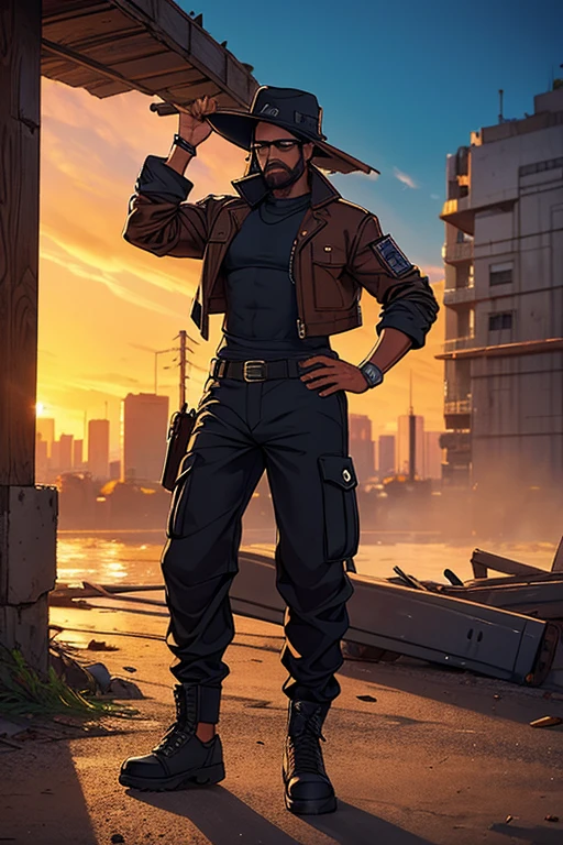 homem, pele parda escura, 34 anos, cabelo castanho ondulado na altura do ombro, jaqueta de couro preta, cargo pants, chapeu leather hat, apocalipse zumbi