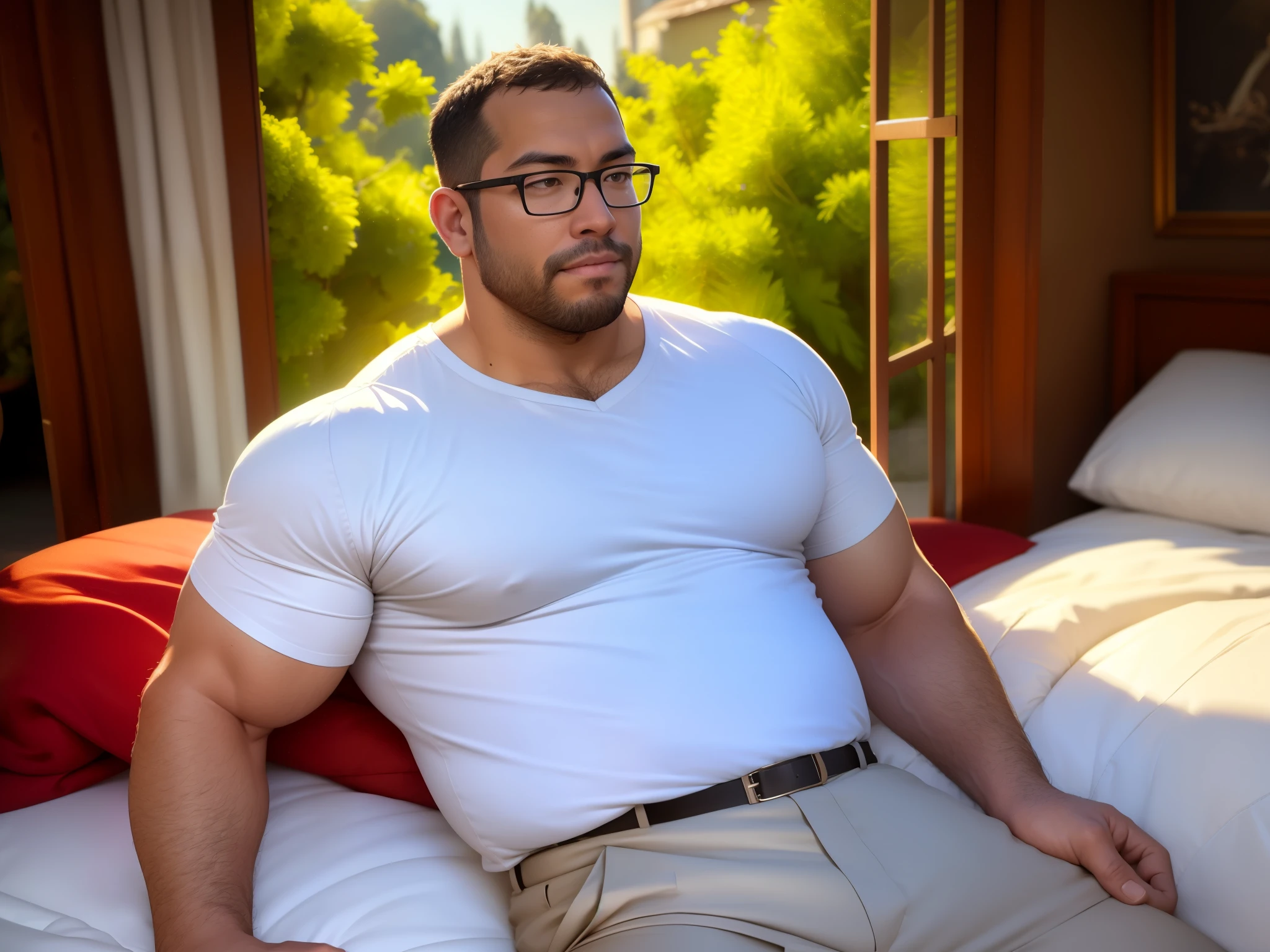 An award-winning original photo, a handsome 35-year-old man, crew cut, full body, mature man, [slightly fat], asian, brown eyes, glasses, (slightly balding), 1boy, Solo, (big shoulder), musculature, stubbles, (Short beard), Dynamic Angle, volumetric lighting, (Best quality, A high resolution, Photorealistic), Cinematic lighting, Masterpiece, RAW photo, Intricate details, hdr, depth of field, landscape, lay down in the white bed, white shirt and white trousers, sleeping, bedroom, good night, cozy,