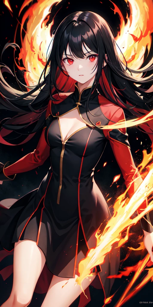 1girl, black hair, red eyes, fire witch, blood, light particles, light rays, wallpaper, high contrast, colorful,