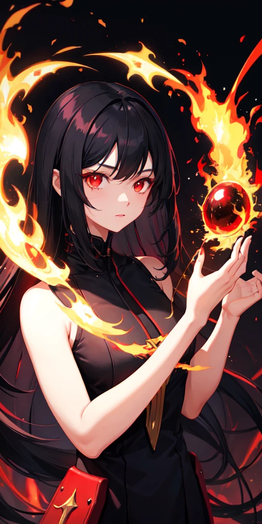 1girl, black hair, red eyes, fire witch, blood, light particles, light rays, wallpaper, high contrast, colorful,