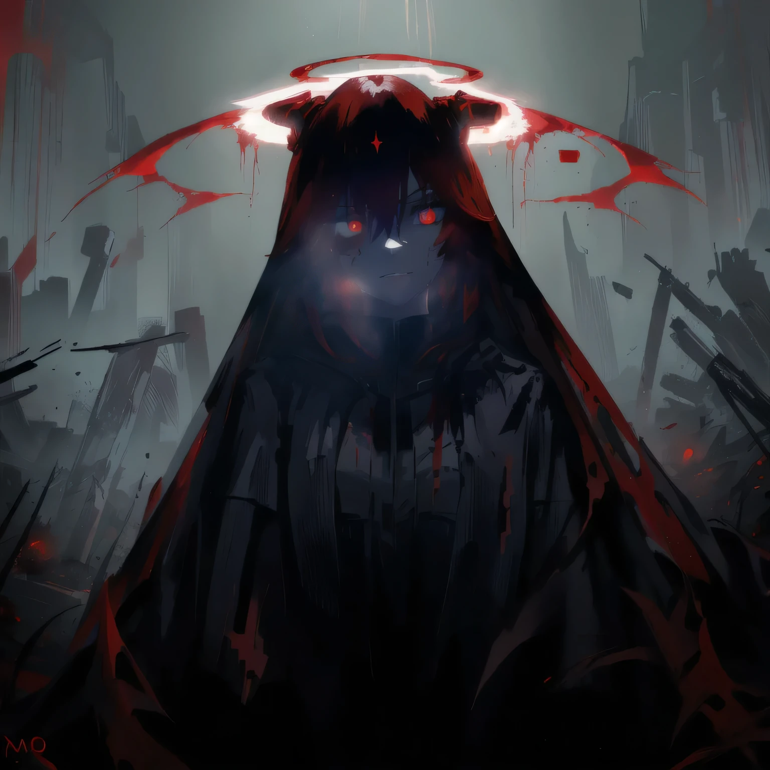 arafed image of a woman with a red cape and a halo, with red glowing eyes, with glowing red eyes, blood dripping from eyes, gapmoe yandere grimdark, red glowing eyes, fully red eyes, his eyes are bleeding intense, blood red eyes, with red eyes, his eyes are red and glowing, eyeless watcher, no face, emotionless face.