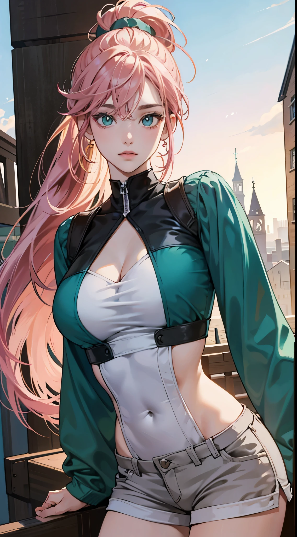 ((best qualtiy)), ((tmasterpiece)) 4K, high resolution, Best quality, Masterpiece, perfect colors, perfectly shaded, Perfect lighting, posted on e621, (by Chunie), anthro, ((Portrait)), ((beautiful woman)), perfect female figure, length detailed hair, pink hair color, left and right ponytail, Big breasts, bigger breasts, Green eyes color, Wear men's shorts,Abusculature,Detailed face, Perfect face, (The stands up), Detailed background, ((Bonifasko lighting)), (Detailed eyes), perfect pupils,suntanned skin, in the town background
