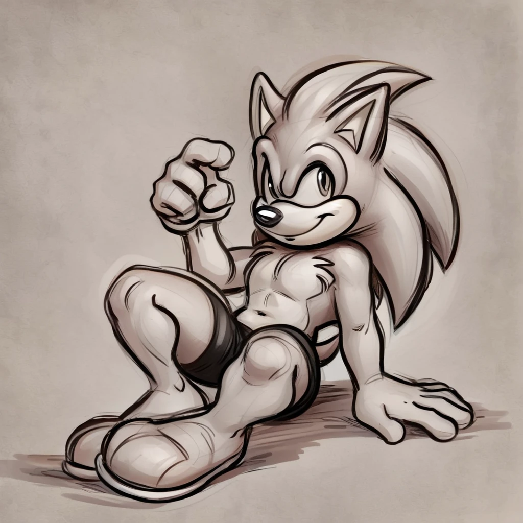 Sonic the hedgehog, wearing black swimming shorts, doing a sitting pin up pose, has thick thighs, high quality, crisp, 