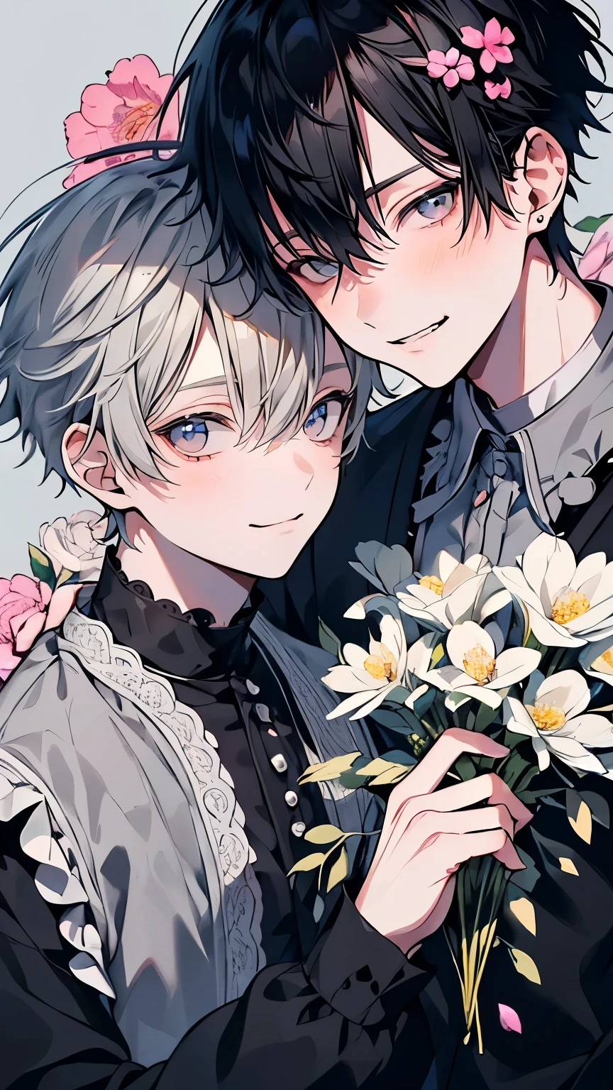 Very detailed, ((Two friendly men)), Perfect Face, Beautiful Face, Very detailed顔,(Black Haired Man:1.3),(Grey-haired man:1.3),Frilled shirt,smile,flower