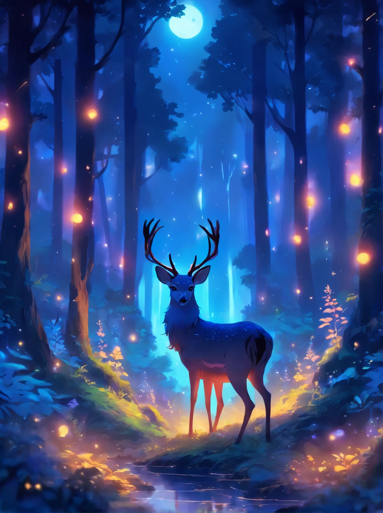 a painting of a deer in the woods with a crescent, a digital painting by Caroline Chariot-Dayez, Artstation, fantasy art, calm night. digital illustration, ✨🕌🌙, night in the forest, in the forest at night, in a forest at night, night forest, the moonlit dance of the fae, ori and the blind forest