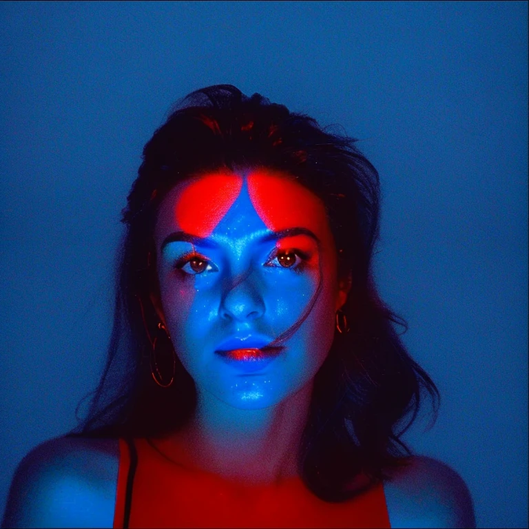 arafed image of a woman with a man's face in the background, an album cover by Giorgio Cavallon, tumblr, digital art, glowing face, blue and red lighting, glowing blue face, red and blue lighting, red and blue back light, blue and red lights, red and blue neon, blue and red tones, light falling on face, face illuminated