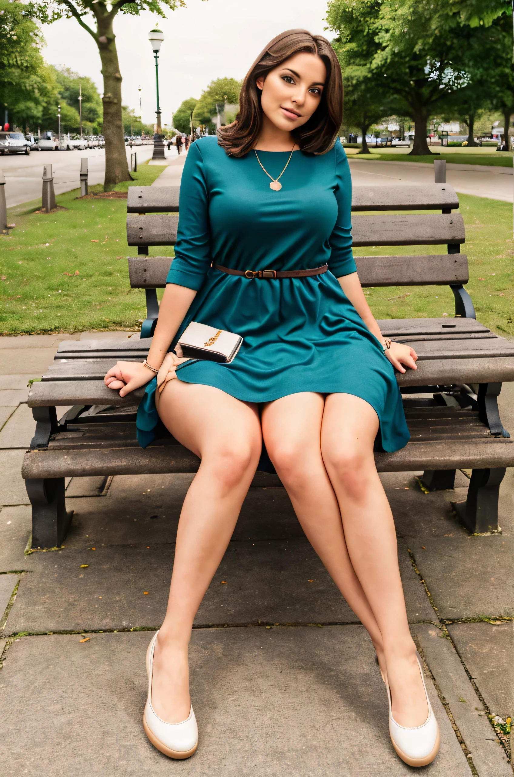 Three legged woman, age 22, curvy, brunette, Irish, sitting on a park bench, legs crossed, casual dress, comfortable shoes, trileg, three legs,