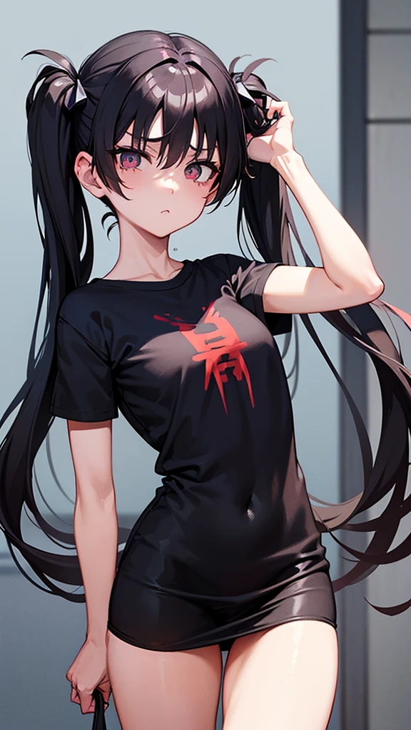 (Masterpiece, Masterpiece), anime girl with black twintails, detailed face, detailed eyes, red tight tshirt, short plaided black shirt, rin tosaka from fate stay night, rin tosaka, sexy, accurate, standing cutely