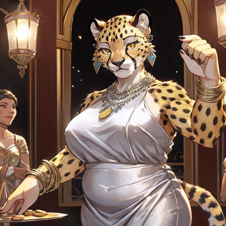 fat female cheetah, silver bracelets, silver necklace, silver earrings, silver dress, silver rings on all fingers, gala party, golden eyes, no hair, coins flowing from her hand