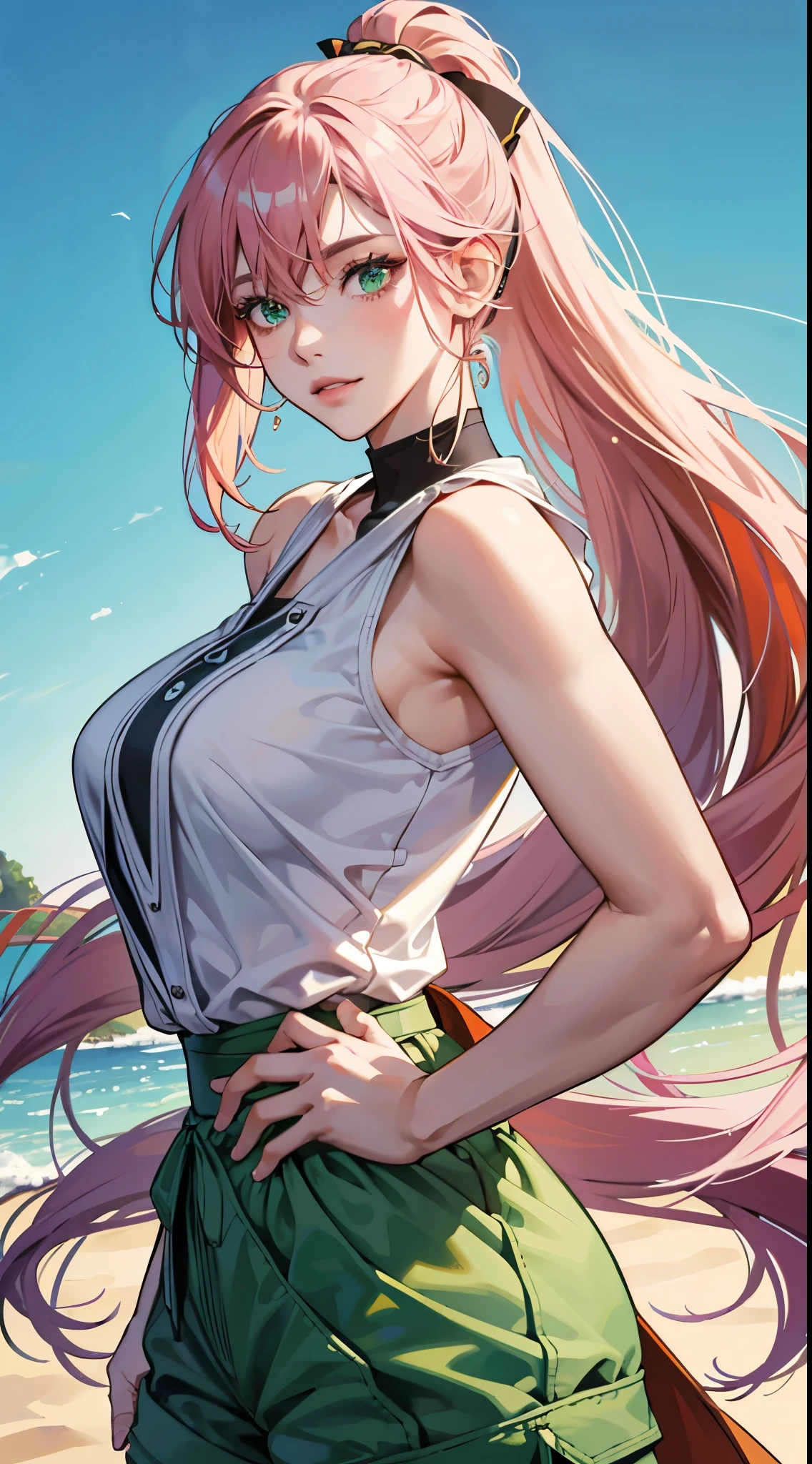 ((best qualtiy)), ((tmasterpiece)) 4K, high resolution, Best quality, Masterpiece, perfect colors, perfectly shaded, Perfect lighting, posted on e621, (by Chunie), anthro, ((Portrait)), ((beautiful woman)), perfect female figure, length detailed hair, pink hair color, left and right ponytail, Big breasts, bigger breasts, Green eyes color, Wear men's shorts,Abusculature,Detailed face, Perfect face, (The stands up), Detailed background, ((Bonifasko lighting)), (Detailed eyes), perfect pupils,suntanned skin, in the toyko background