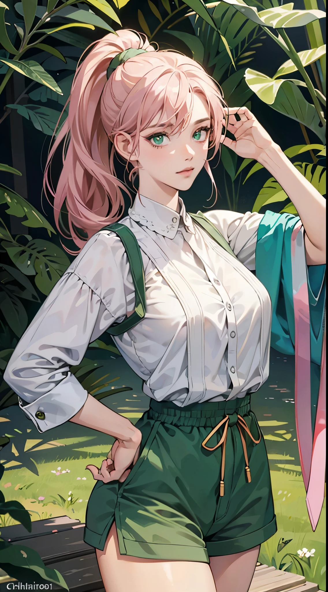 （（best qualtiy））， （（tmasterpiece）） 4K, high resolution, Best quality, Masterpiece, perfect colors, perfectly shaded, Perfect lighting, posted on e621, (by Chunie), anthro, ((Portrait)), （（beautiful woman））, perfect female figure, length detailed hair, pink hair color, left and right ponytail, Big breasts, bigger breasts, Green eyes color, Wear men's shorts,Abusculature,Detailed face, Perfect face, (The stands up), Detailed background, ((Bonifasko lighting)), (Detailed eyes), perfect pupils，suntanned skin, in the toyko background