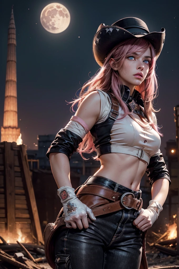 (masterpiece,stunning girlfriend, (standing:1.1), dynamic pose, heart shaped face, elegant face, beautiful face, highly detailed face, highly detailed skin, skin pores, subsurface scattering, realistic pupils, looking at viewer, full lips, detailed background, depth of field, atmospheric perspective, volumetric lighting, sharp focus, absurdres, realistic proportions, good anatomy, (realistic, hyperrealistic:1.4), 16k hdr, neopolitan, neopolitan, long hair, brown hair, (brown eyes:1.3), brown eyes, pink eyes, (heterochromia:1.2), ((two-tone hair, split-color hair, pink hair, brown hair, multicolored hair)), BREAK gloves, hat, navel, detached sleeves, midriff, belt, pants, white gloves, black headwear, bowler hat, hands on hips, BREAK outdoors, night, stars, moon, post-apocalypse, dystopian future, london in ruins, big ben, crowd, (crowd in military uniforms), bonfires, BREAK looking at viewer, (cowboy shot:1.5), BREAK (masterpiece:1.2), best quality, high resolution, unity 8k wallpaper, (illustration:0.8), (beautiful detailed eyes:1.6), extremely detailed face, perfect lighting, extremely detailed CG, (perfect hands, perfect anatomy)